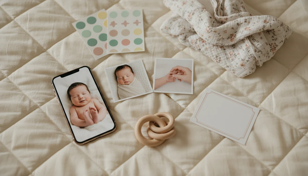 A phone, baby photo prints, pastel stickers, and nursery keepsakes arranged on a soft quilt.