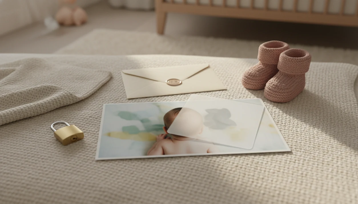 A private baby photo keepsake with a lock and envelope on a soft nursery blanket.