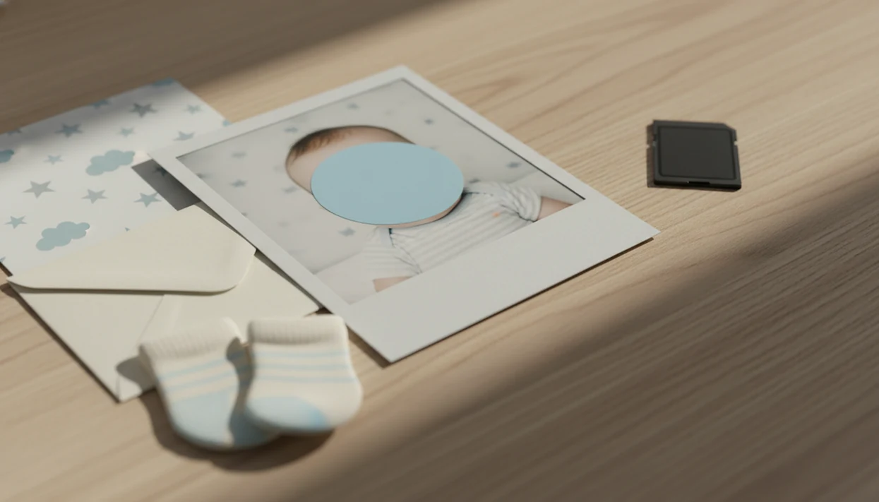 A printed baby photo with the face covered by a plain sticker sits among subtle privacy clues.