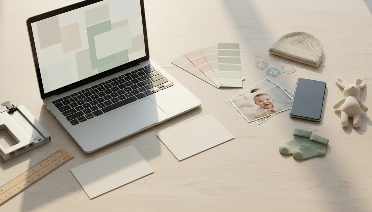 A desk compares custom design tools with baby milestone photo keepsakes and printed baby pictures.
