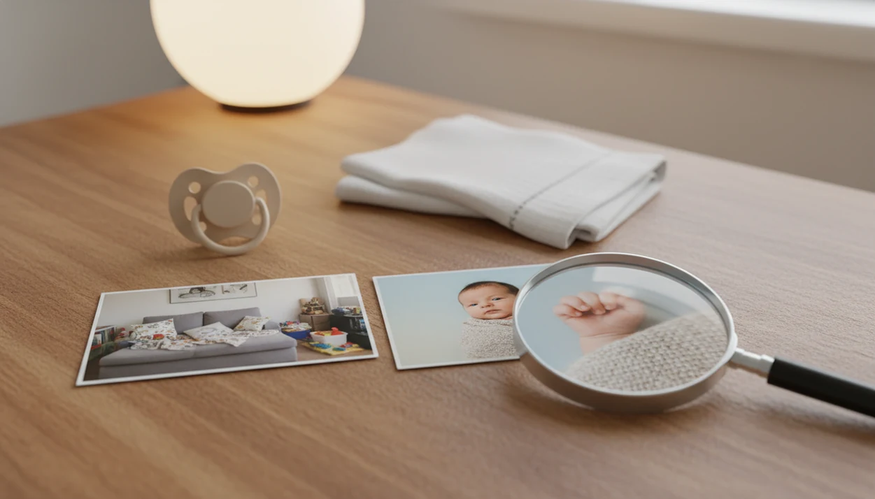 Two baby photo prints on a nursery desk compare an original snapshot with a cleaned-up AI edit.