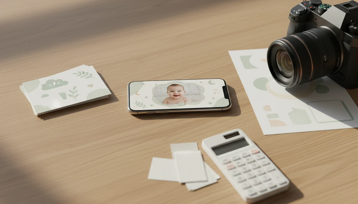 A phone with a baby photo sits beside printed keepsakes, templates, a camera, and a calculator.